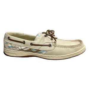 Sperry Top Sider Boat Shoes Light Tan Leather and Blue Plaid SZ 8.5